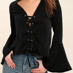 Lulu's Slip Away Black Long Sleeve Lace-Up Top